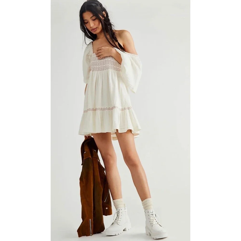 FREE PEOPLE Easy to Love Women’s S Cream Bubble Dress Babydoll Coquette Gauzy